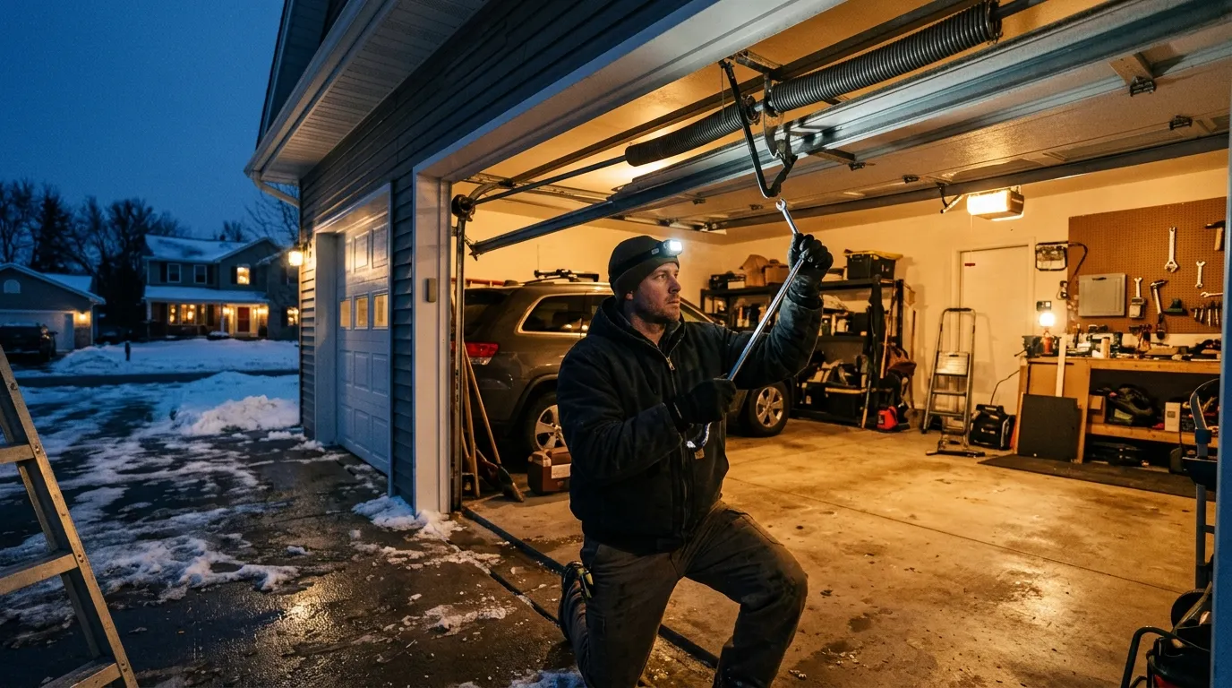 Garage door detail illustrating what cold does to garage door springs in morgantown