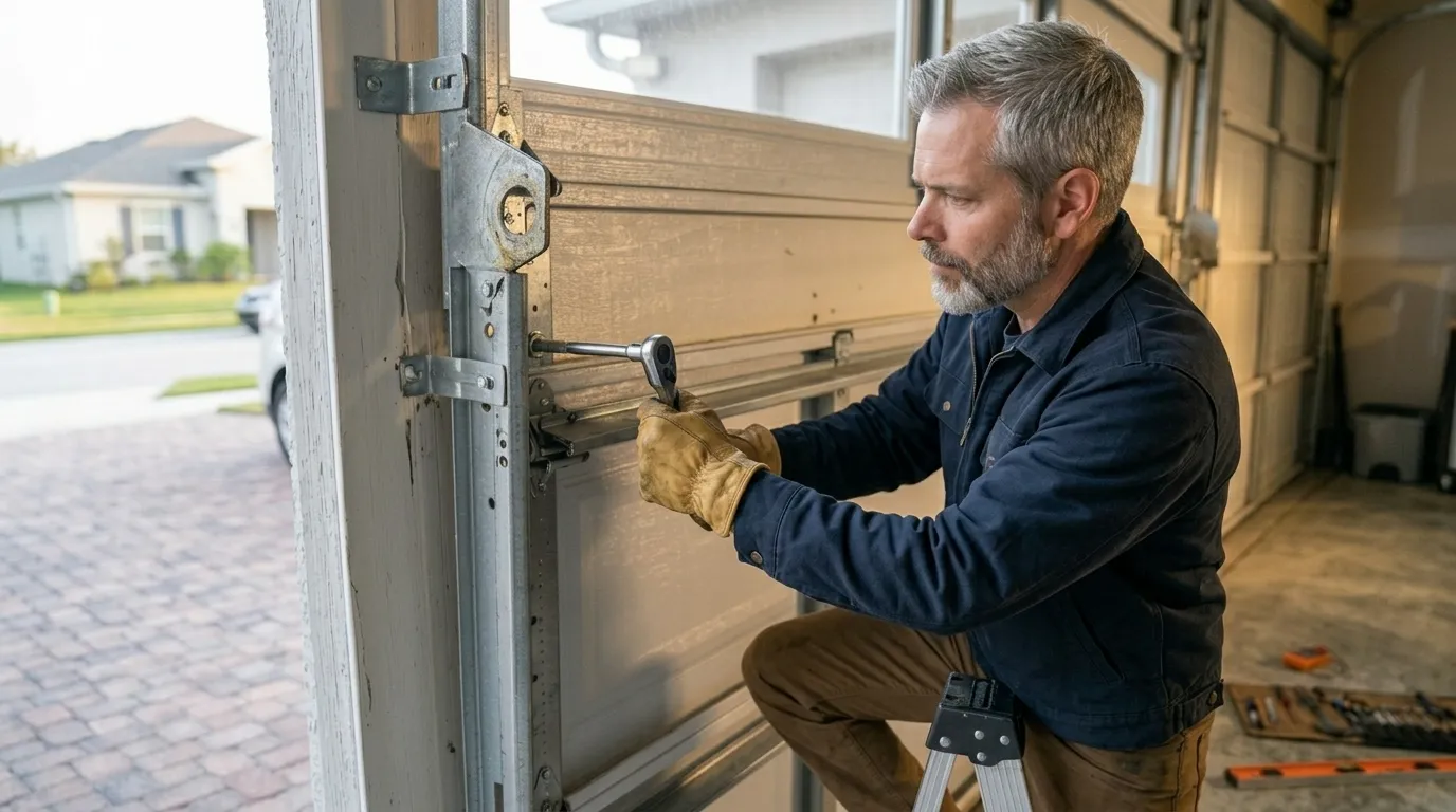 Garage door technician repairing an older residential garage door in Morgantown West Virginia