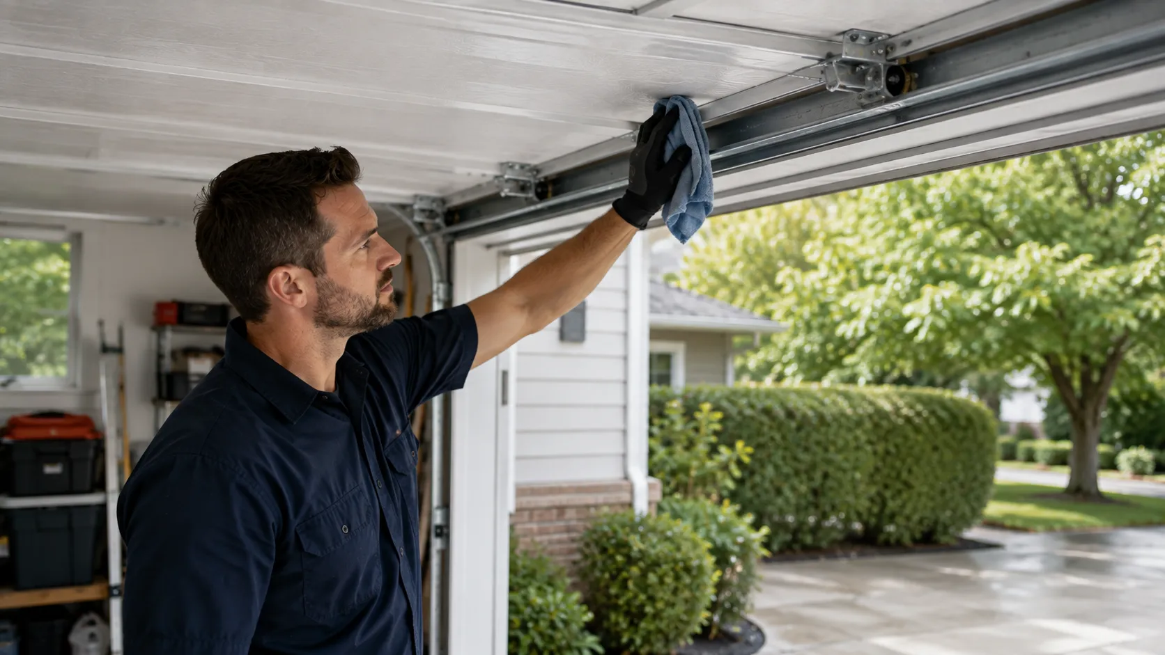 Garage door technician inspecting springs rollers tracks and opener in Morgantown West Virginia